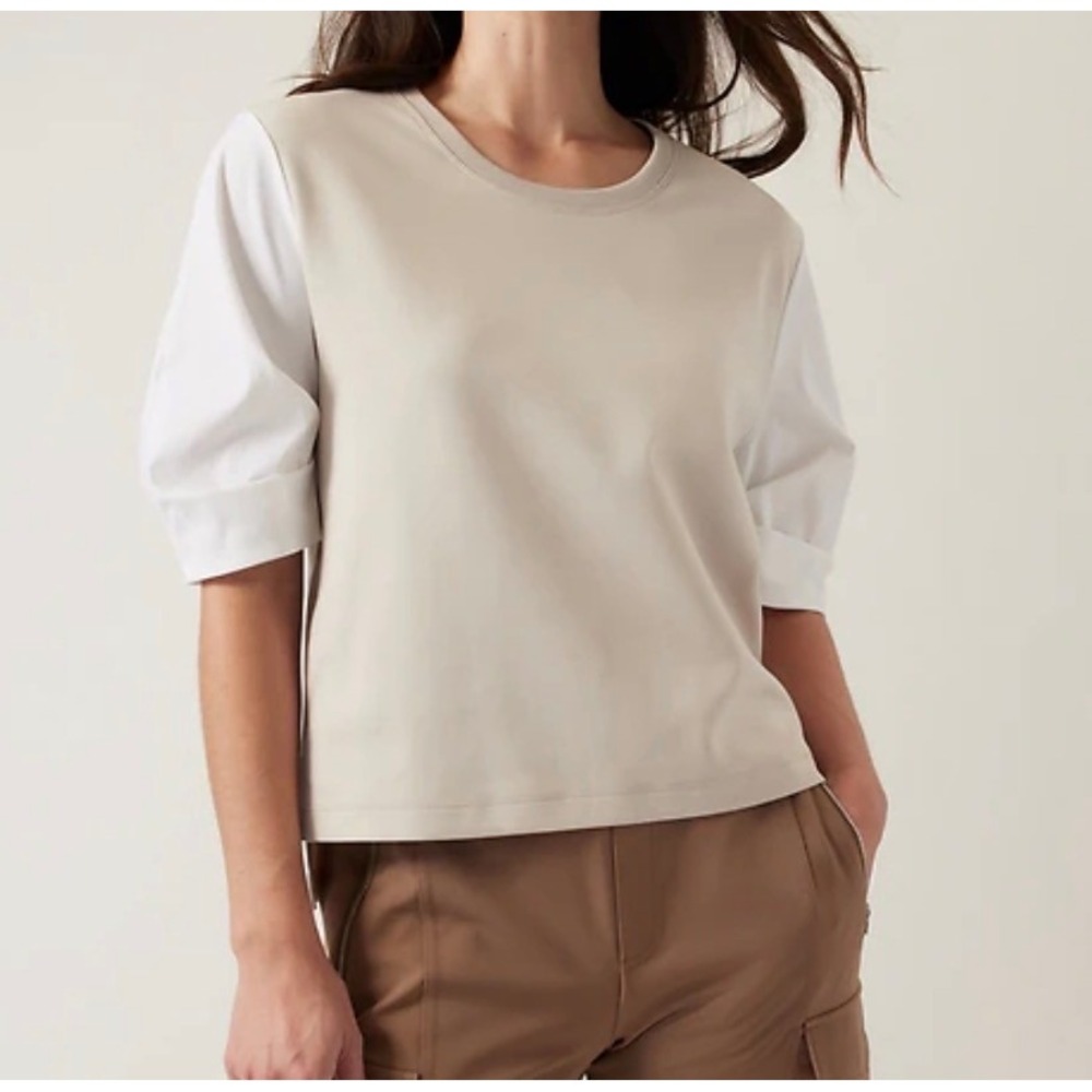 Athleta Harlow Hybrid Tee Puff Sleeve Beige White Crew Neck High Low Hem Size M